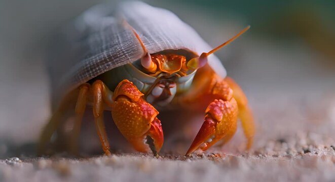 A close view of a hermit crab, sandy beach softly blurred,