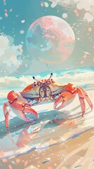 A crab scuttling along a sunny shore, Summer theme, 2D illustration, isolate on soft color - obrazy, fototapety, plakaty
