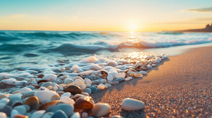 Fototapeta na wymiar A close up of a sandy beach with waves coming in, shiny bright blue sky and sea, sunset on the beach with stones. Generative AI