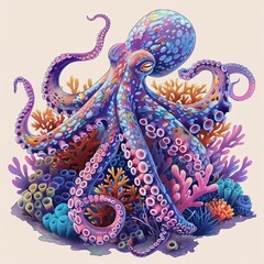 An octopus exploring a coral reef, Summer theme, 2D illustration, isolate on soft color
