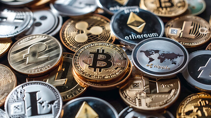 Cryptocurrency coins, Bitcoin, Ethereum, Litecoin, Ethereum.
