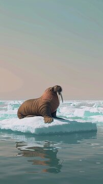 A walrus sunbathing on an ice floe, Summer theme, 2D illustration, isolate on soft color