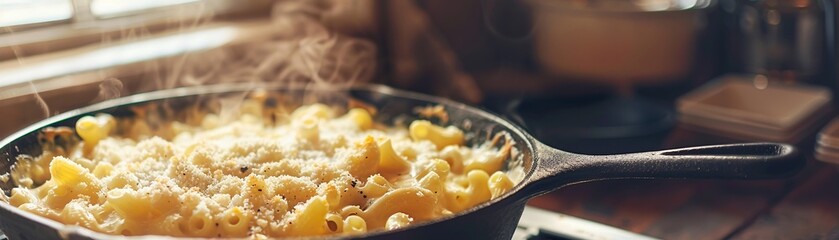 Closeup  Genre Comfort Food  Emotion Nostalgic  Scene Creamy mac and cheese in a castiron skillet  Composition Centered  Lighting Golden hour  Time Late Afternoon  Location Home Kitchen - obrazy, fototapety, plakaty