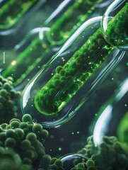 Concept of gene editing technology in creating more efficient algae strains for biofuel production in a futuristic setting , 2D illustration