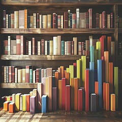 A library setting with books neatly organized on shelves, their spines designed to mimic a bar graph that rises from left to right - obrazy, fototapety, plakaty