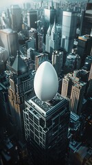 Egg nestled among urban skyscrapers, high contrast lighting, soft focus on egg, sharp city background, natural vs manmade , 2D illustration