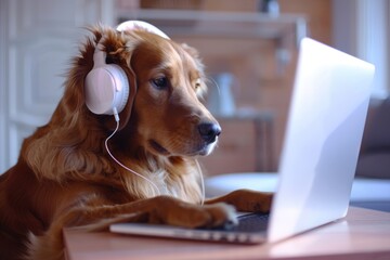 A dog working from home on a laptop wearing headphones, Generative AI