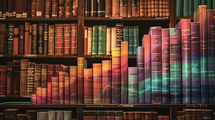 The art should show a library scene where the books spines are arranged in a way that forms an ascending bar graph, symbolizing a fusion of knowledge and financial growth