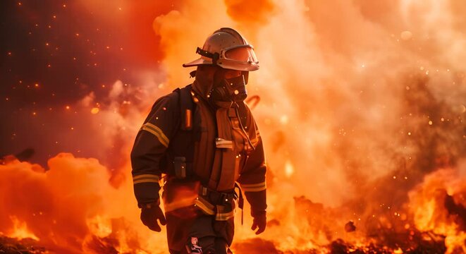Firefighter battling a blaze, surrounded by flames and smoke,