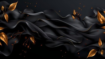 Abstract 3d wave silk textured solid black color with golden leaves background,  for home decor,...