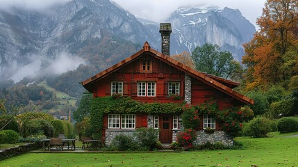 Gran casa rural roja en Suiza, caserón tradicional suizo en el campo, casa roja y hierba verde - obrazy, fototapety, plakaty