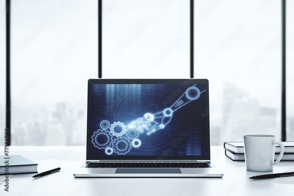 Fototapete creative concept of robotics technology on modern laptop screen. robot development and automation co
