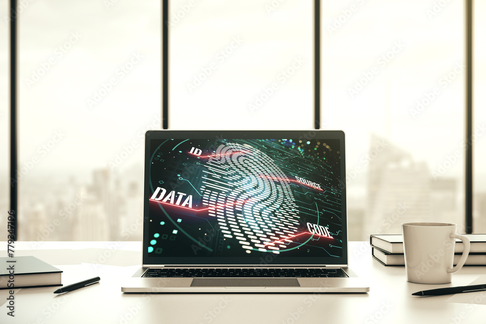Poster Modern computer screen with creative fingerprint hologram, personal biometric data concept. 3D Rendering