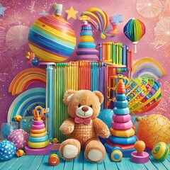 teddy bear with toys.a baby kids toy background bursting with colorful toys, including a lively teddy bear, wooden and musical toys, an abacus, a plane, pop it fidget toys, and colorful blocks, all se