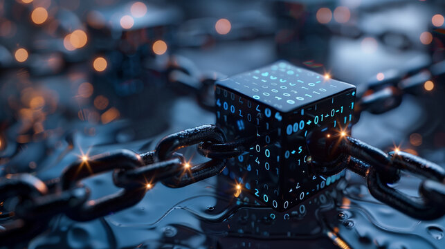 binary codes on cubes connected by chain block chain technology concept modern cybers security or cyber tech background, wallpaper