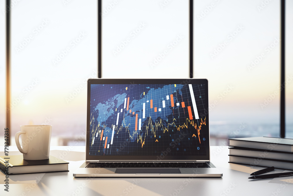 Aufkleber modern computer display with abstract financial graph with world map, financial and trading concept.