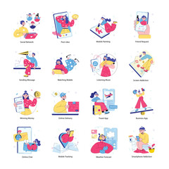 Phone Addictions and Social Media Doodle Mini Illustrations 


