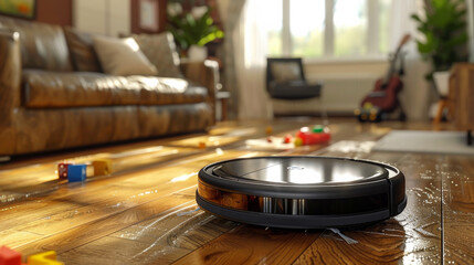 Robotic vacuum cleaner gliding over a sunlit hardwood floor in a tidy living room with children's toys in the background.
