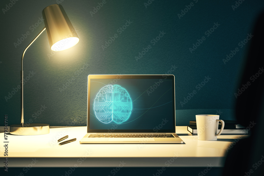 Poster creative artificial intelligence concept with human brain sketch on modern laptop monitor. 3d render