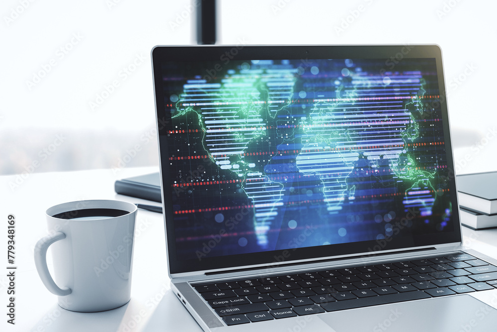 Poster Modern computer display with abstract graphic world map, big data and networking concept. 3D Rendering