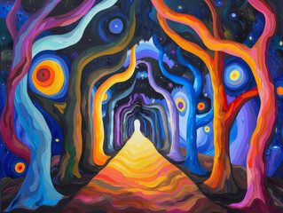 A surreal painting of trees with faces and colorful arches, representing the duality between light & dark in life's journey - obrazy, fototapety, plakaty