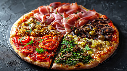 Quattro Stagioni pizza with seasonal toppings on modern surface, dramatic lighting, sharp textures.
