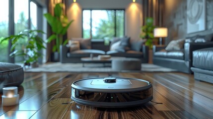 Sleek robotic vacuum cleaner on a polished wood floor with a stylish, plant-filled living room in soft focus behind.