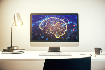 Modern computer display with creative human brain microcircuit. Future technology and AI concept. 3D Rendering