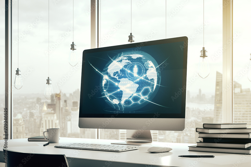 Fototapete social network media concept with world map on modern computer monitor. 3d rendering