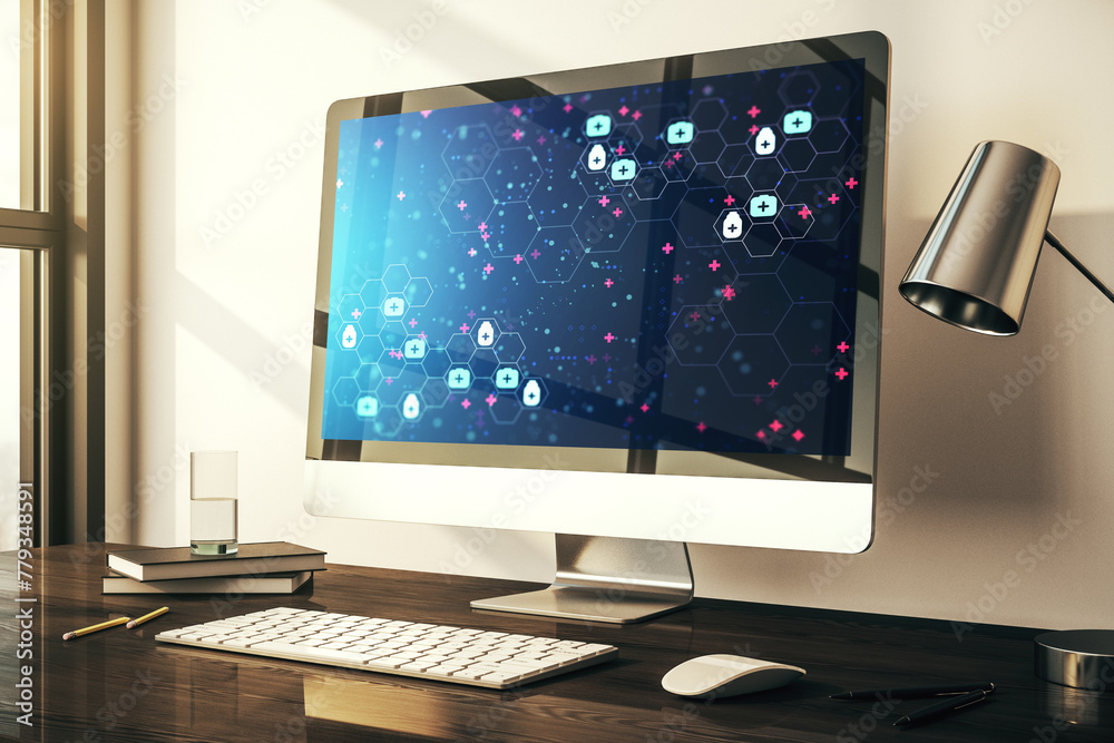 Poster modern computer monitor with creative abstract medical hologram. healthcare technolody concept. 3d r