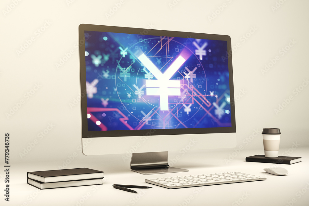 Poster modern computer monitor with creative japanese yen symbol hologram. banking and investing concept. 3