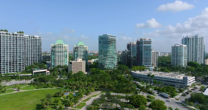 Downtown office district of Miami Coconut Grove neighborhood in Florida, USA. High upscale commercial and residential skyscraper buildings in modern American megapolis