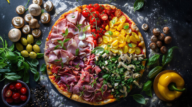 Quattro Stagioni pizza with seasonal toppings on modern surface, dramatic lighting, sharp textures.
