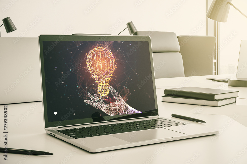 Poster creative light bulb illustration on modern computer monitor, future technology concept. 3d rendering