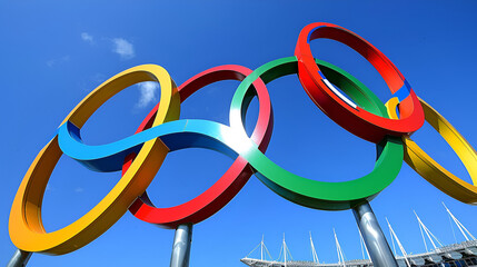 Fototapeta premium Olympic rings against a blue sky symbolizing unity. generative ai 