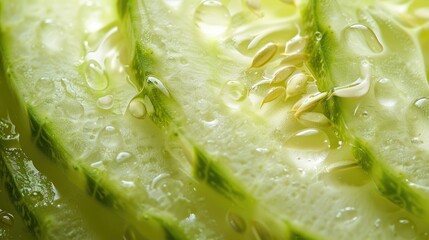 The dewy surface of a freshly sliced cucumber