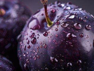 The rich dark purple skin of a ripe plum