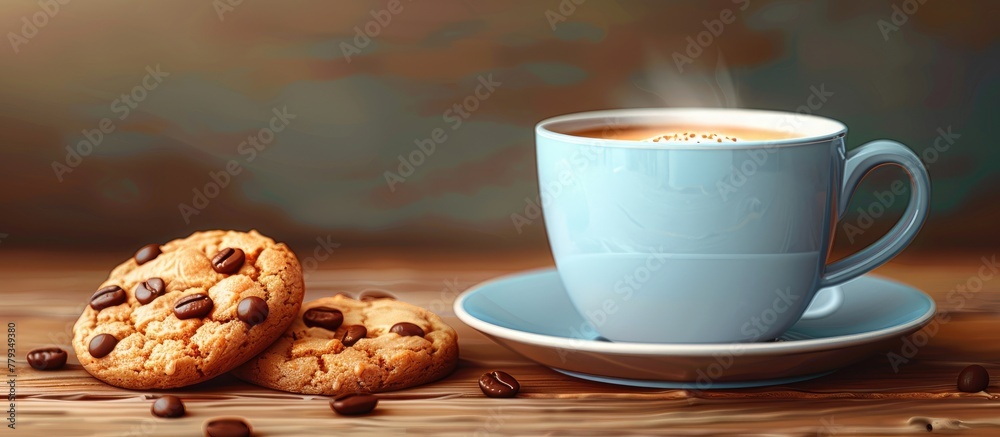 Wall mural A cup of coffee and two chocolate chip cookies served on a saucer placed on a wooden table