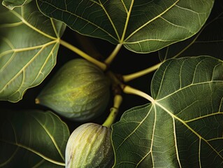 A detailed image of a fresh fig leaf with a ripe fig fruit in the background