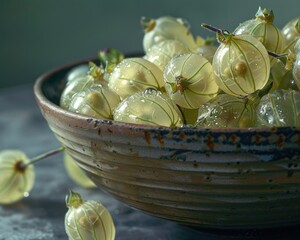 A detailed shot of gooseberries in a bowl