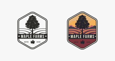 vintage hipster emblem maple tree and farms logo icon vector template on white background