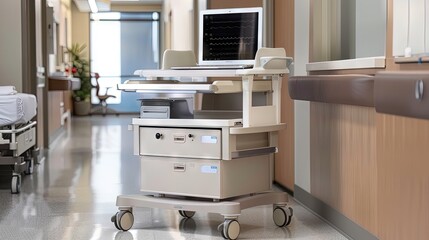 a hospital cart with a monitor and laptop, in the style of dynamic energy flow, dark beige and silver  