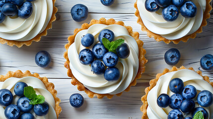 Tartlets with blueberries on a white wooden background, top view - obrazy, fototapety, plakaty