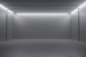 Obraz premium Dimly Lit Concrete Tunnel Corridor with Bright White LED Lighting in an Empty Industrial Warehouse or Underground Facility