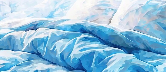 A closeup of an electric blue comforter and matching pillows on a bed, resembling the color of water. The vibrant shade adds an artful touch to the rooms decor - obrazy, fototapety, plakaty
