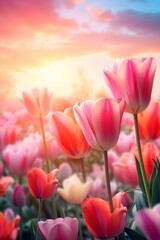 Field of tulips on sunset background