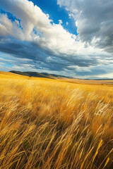 Obraz premium The expansive prairie, with its vast expanse and rolling hills under a dramatic sky, is alive with golden grass swaying in the breeze.