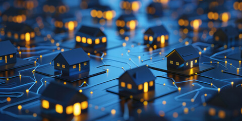 Houses in a small town are connected by glowing lines against a dark blue background, creating a nighttime atmosphere. - obrazy, fototapety, plakaty