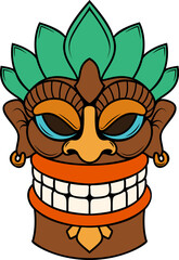 Tiki tribal wooden mask. Hawaiian traditional elements. Colored, wooden and black and white silhouette. Vector illustration - 779350724