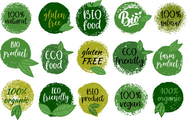 Set of hand drawn emblems with organic food, eco food, fresh, natural, gluten free, bio food. Vector design element - 779350747